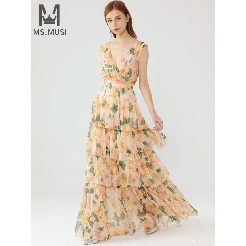 

MSMUSI 2024 New Fashion Women Sexy Floral Printing Falbala Ruffles Draped Fold Sleeveless Bodycon Party Club Event Maxi Dress