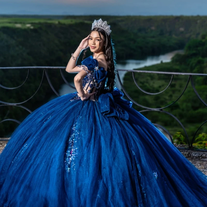 Navy Blue Glitter Quinceanera Dresses Off Shoulder Ball Gown Sweet 16 Dress Applique Lace Beading Bow Tiered Tull Corset Party