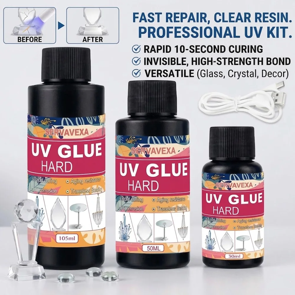 30/50/105ml SERVAVEXA UV Glue Hard Kit Rapid Curing Transparent Adhesive with USB UV Lamp for Glass Crystal Jewelry Craft DIY