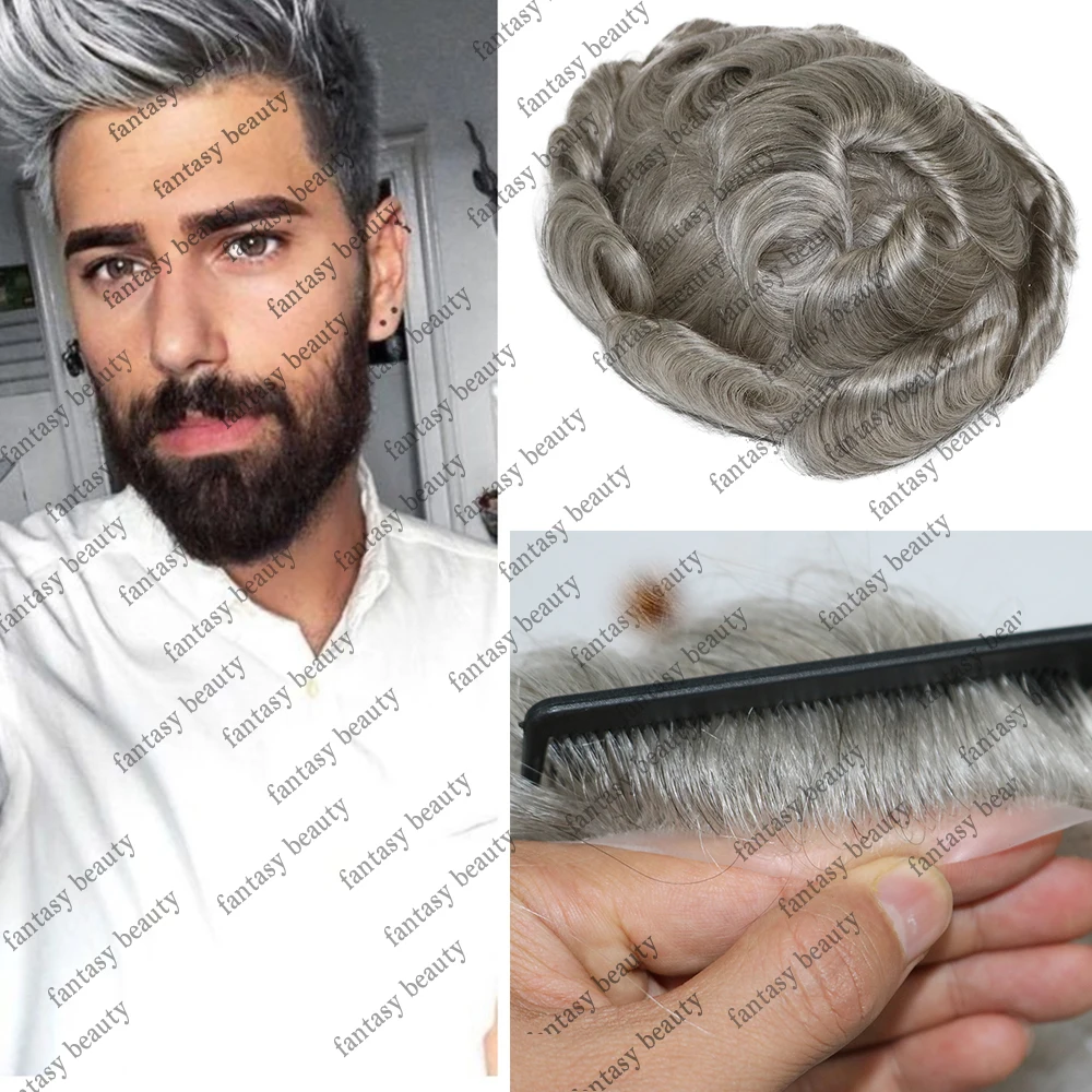 Tupé de silicona de piel fina para hombres, prótesis de sistema de reemplazo de peluca masculina, rayita Natural gris, 0,04 postizos humanos, 0,05mm-100% mm