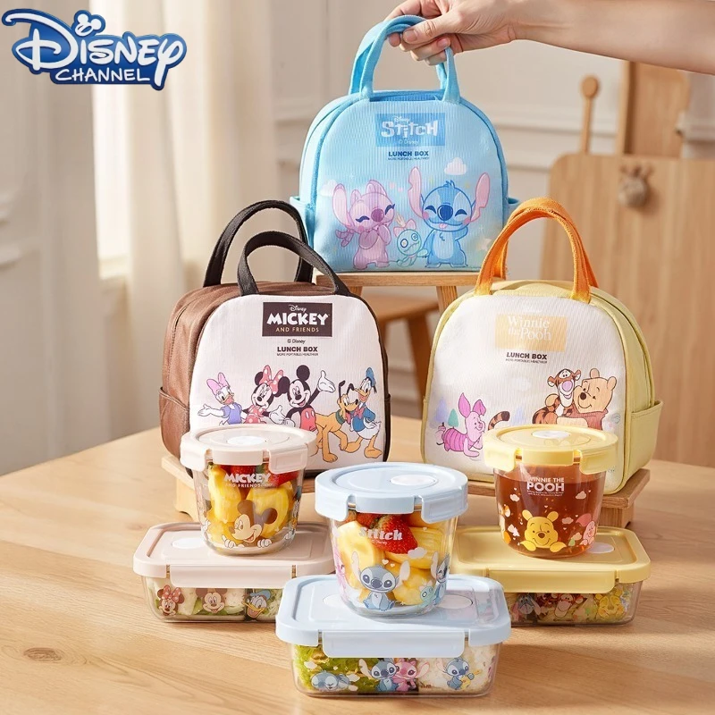 

Disney Stitch Glass Lunch Box Set Kawaii Cartoon Anime Mickey Mouse Printed Accessories Glass Lunch Box Men's and Women's Gifts