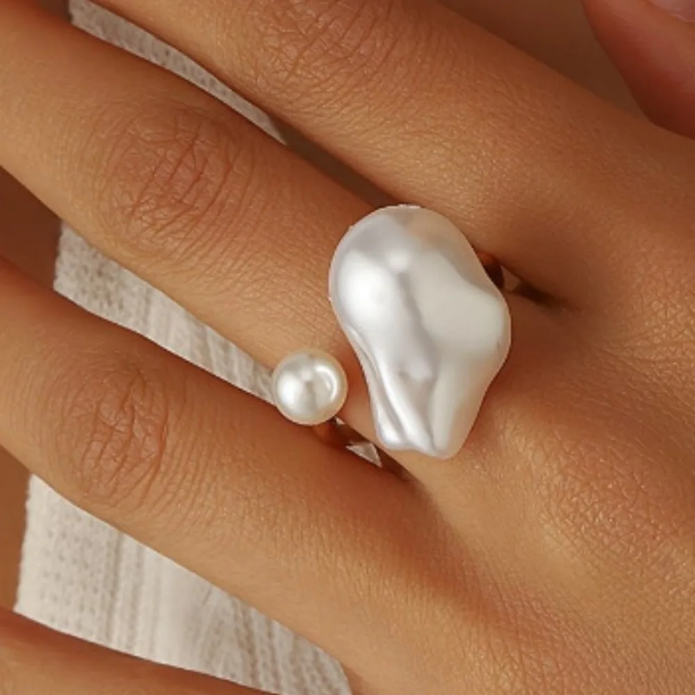 Luxury Personality Irregular Geometric Baroque Imitation Pearl Adjustable Opening Rings for Women Party Stackable Finger Jewelry