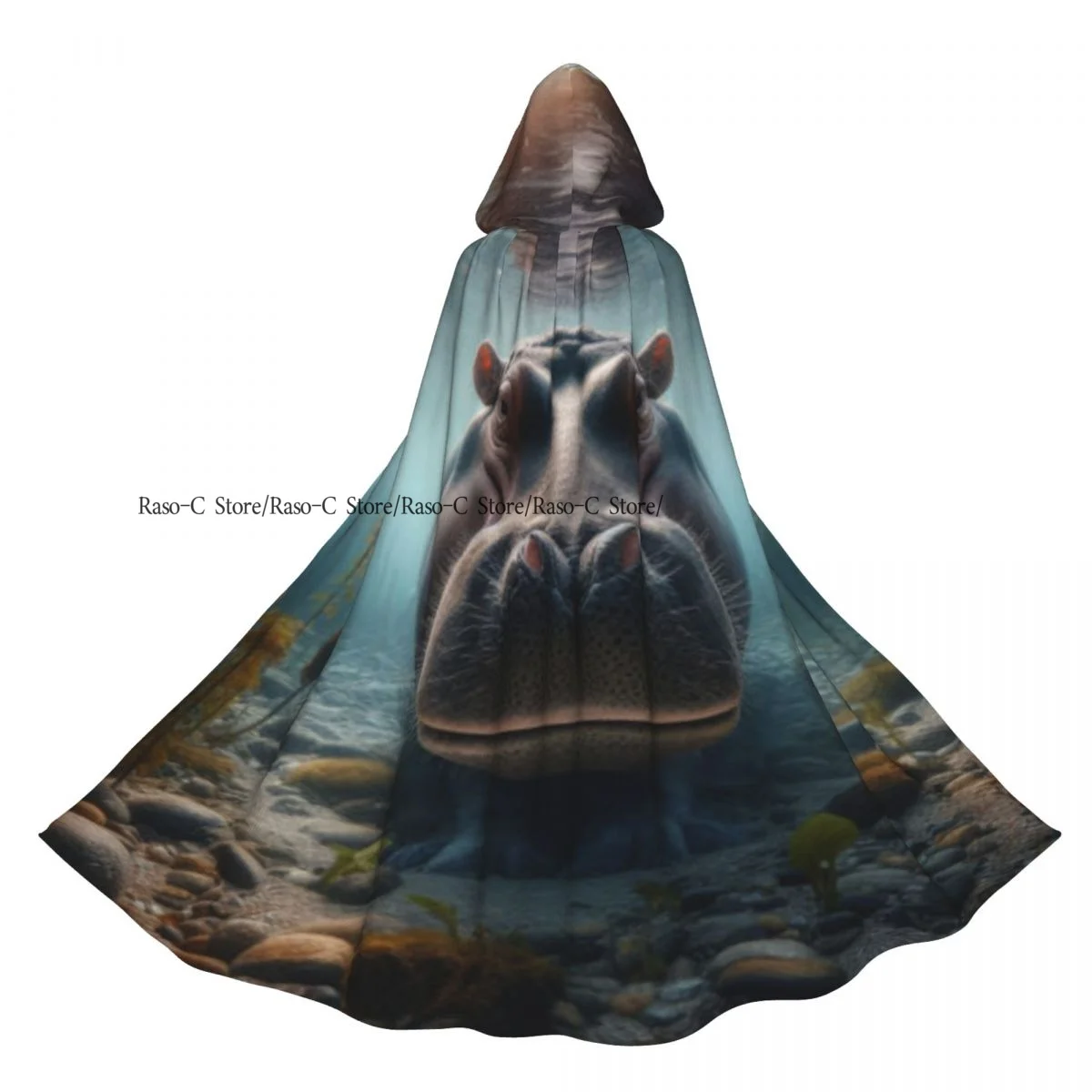 Hippo Surrounded By Water Flames From Forest Struggle Hooded Cloak Polyester Unisex Witch Cape Costume Accessory