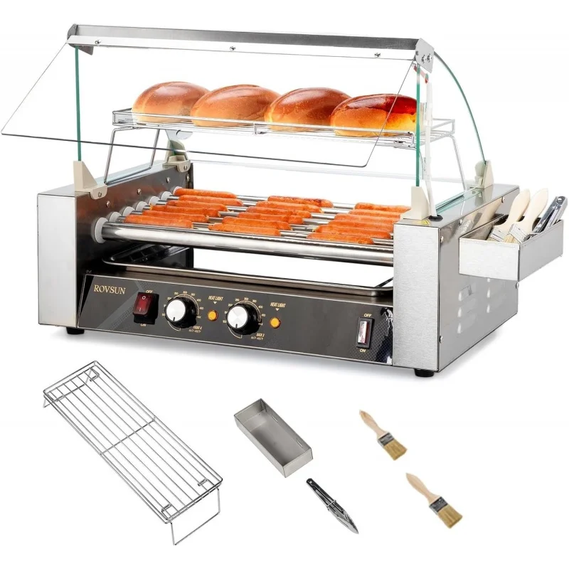 Hot Dog Roller ETL Certified, 18 Hot Dog Rollers Sausage Grill Cooker Machine w/Dual Temp Control, Cover, LED Lighting, Remova