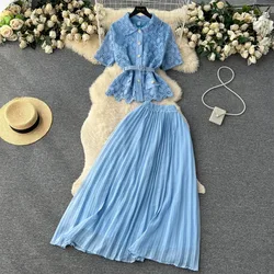 Sexy Two Pieces Sets Chic Turn-down Collar Short Sleeve Top with Solid Pleated  High Waist A-line Skirt Beach Vacation Sets