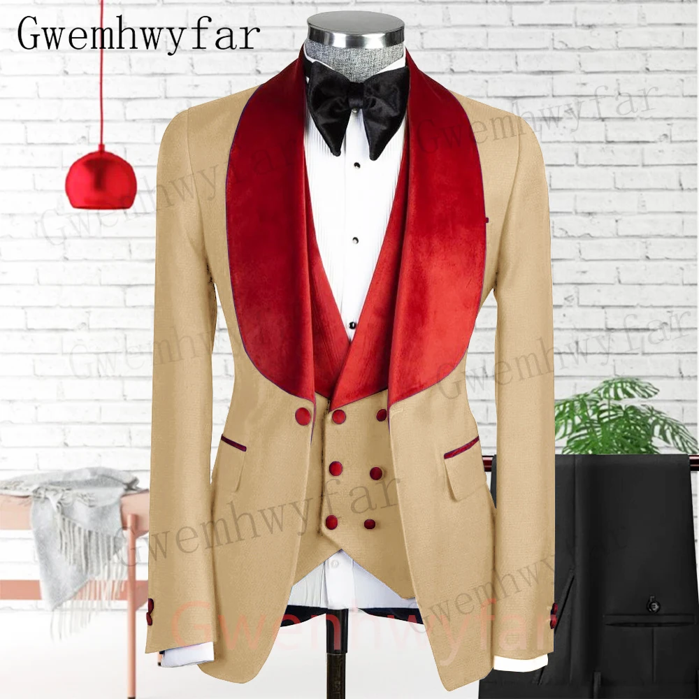 

Gwenhwyfar Champange Shawl Lapel Slim Fit Men Suits 3 Pcs Tuxedos Terno Masculino Blazer Sets Groom Wedding Prom Costume Homme