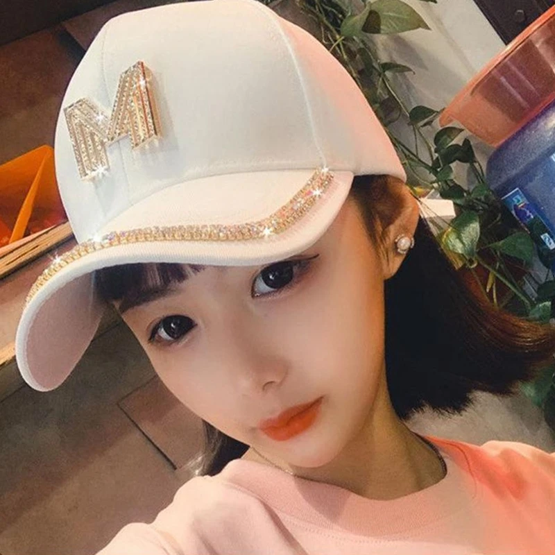 Women Baseball Caps Gold Rhinestones Shining M or D Causal Black White Fashion Cotton Snapback Hat Hiphop şapka Caps for Girls