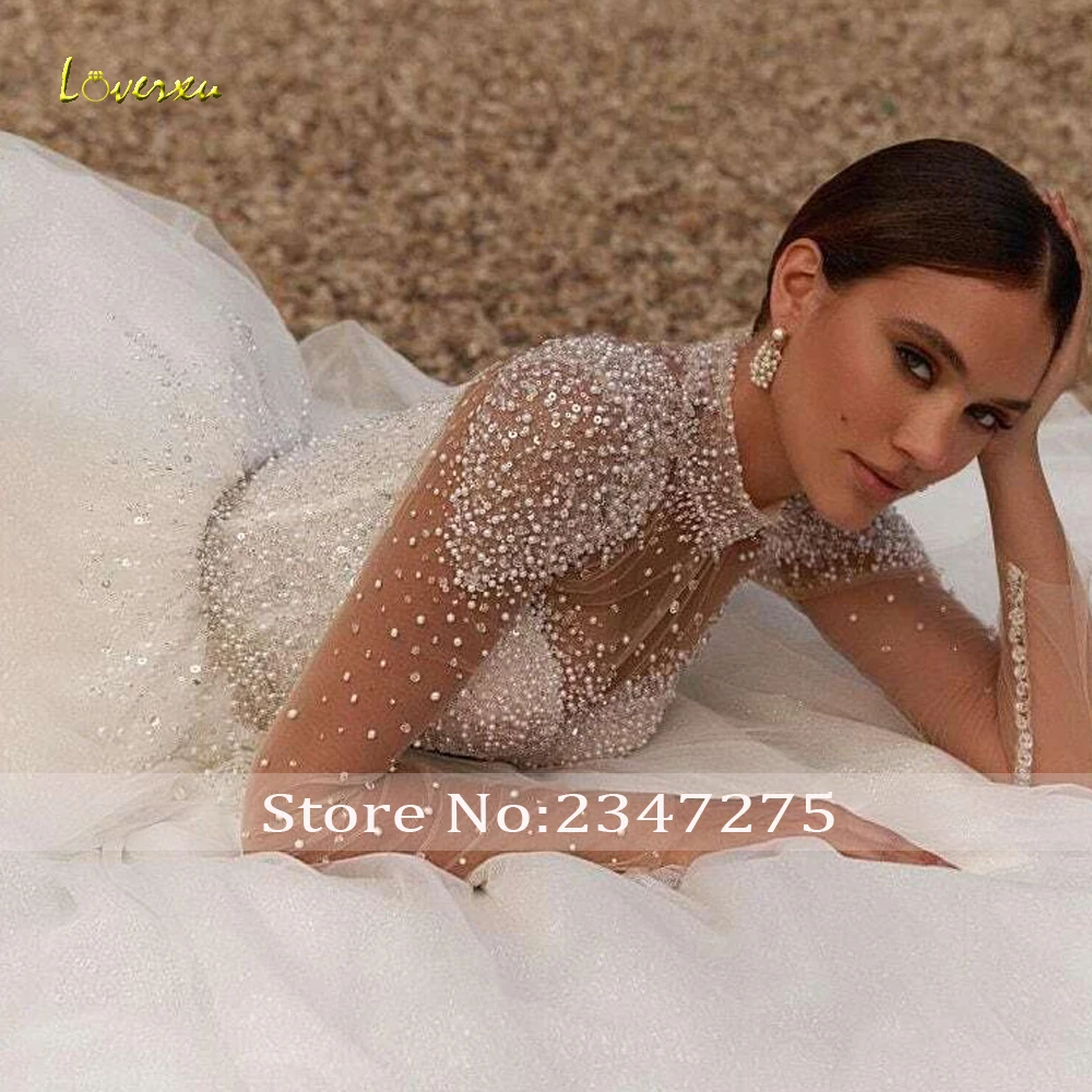 Suknie ślubne Loverxu w kształcie litery A z brokatem dla kobiet, z wysokim dekoltem, Vestido De Novia, koronkowe, zdobione koralikami, w stylu vintage, szyte na miarę, Robe De Mariee