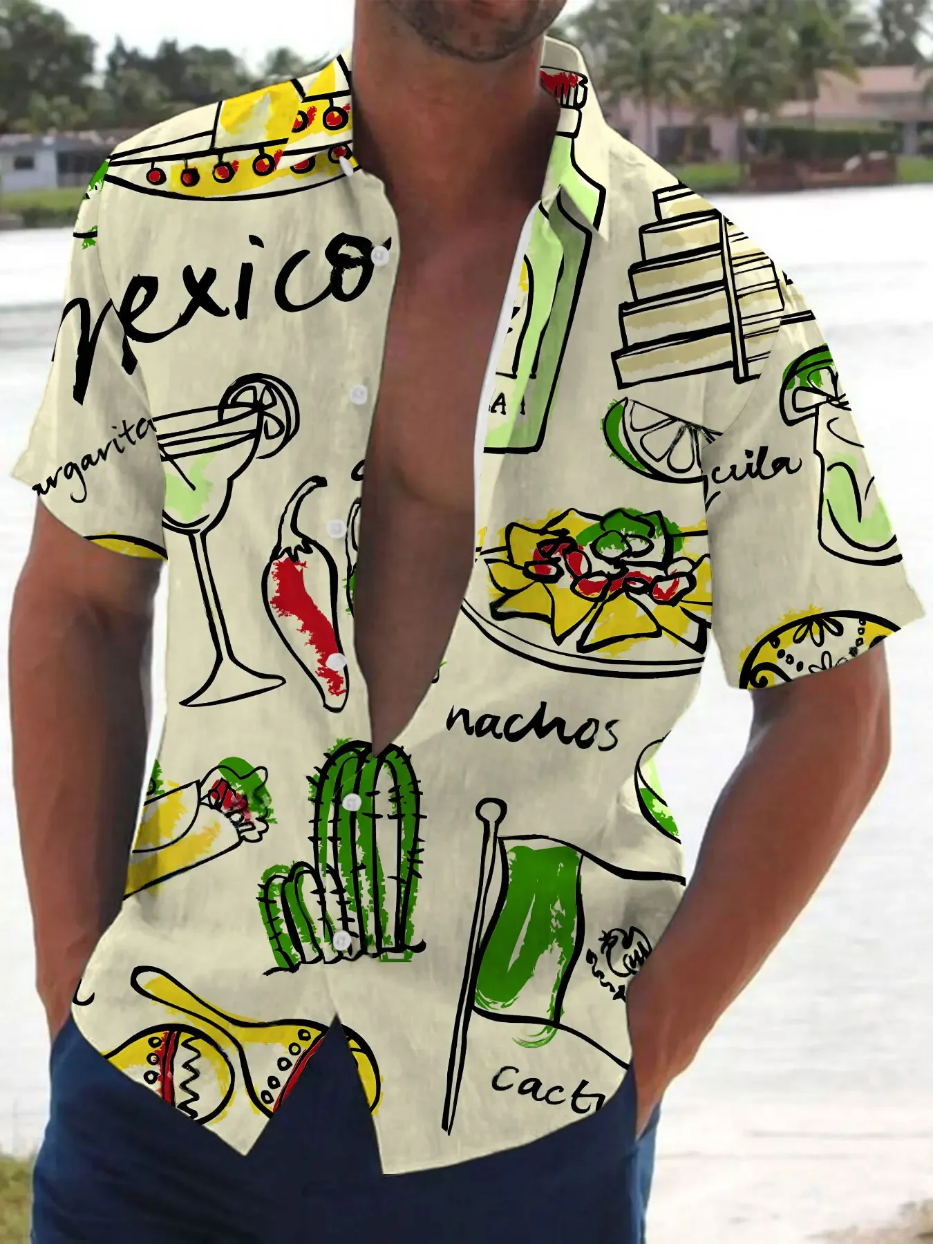 

Men's Mexico Themed Hawaiian Shirts Cactus & Taco Print Beige Short Sleeve Button Down Casual Summer Beach Shirts