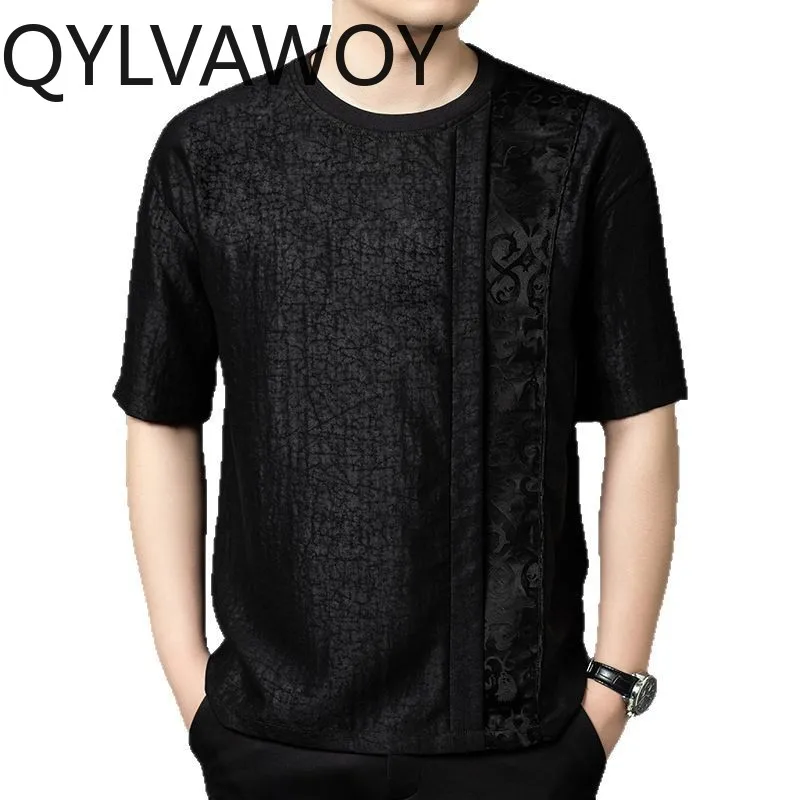 QYLVAWOY 100% Mulberry Silk T Shirt Loose Men's Shirts Round Neck Shirt Xiangyunsha Tops T Shirt Homme Short Sleeve Ropa Hombre