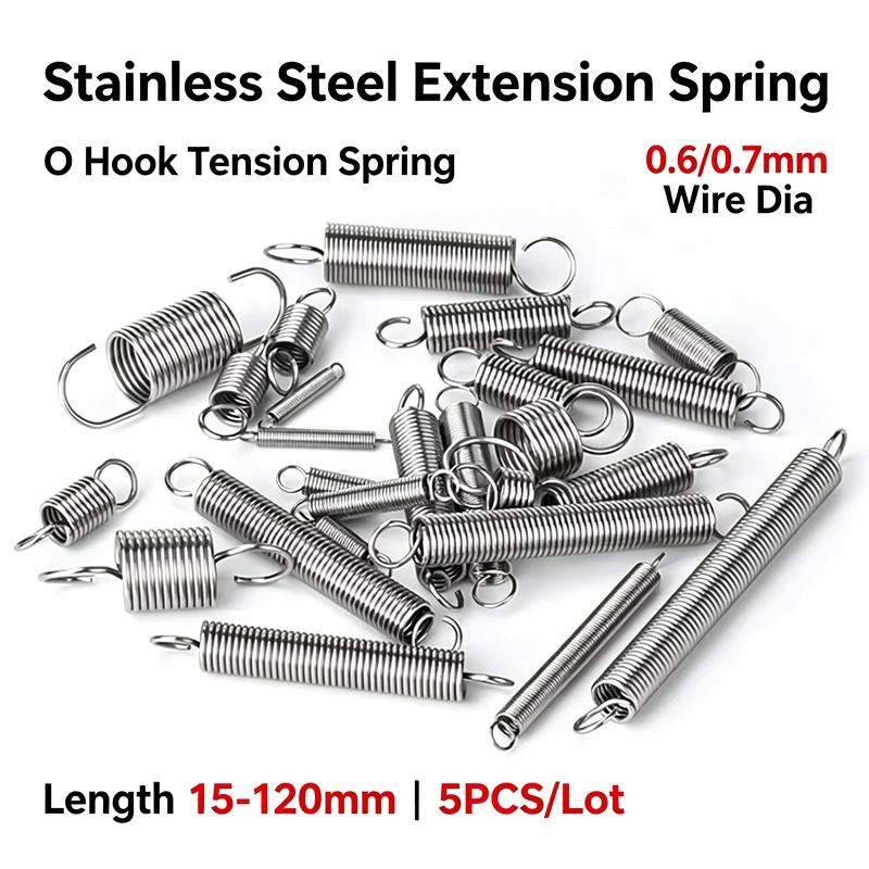 Stainless Steel Tension Spring O Hook Extension Spring Wire 0.6/0.7mm Length 15-120mm 5PCS