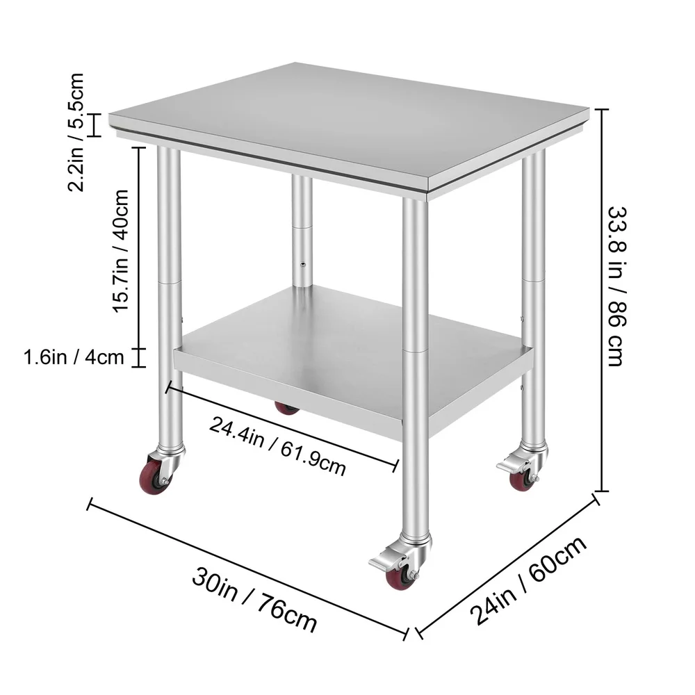 Stainless Steel Work Table with Wheels Adjustable Undershelf Heavy Duty Prep Table Kitchen Restaurant Commercial Use 700 Lbs