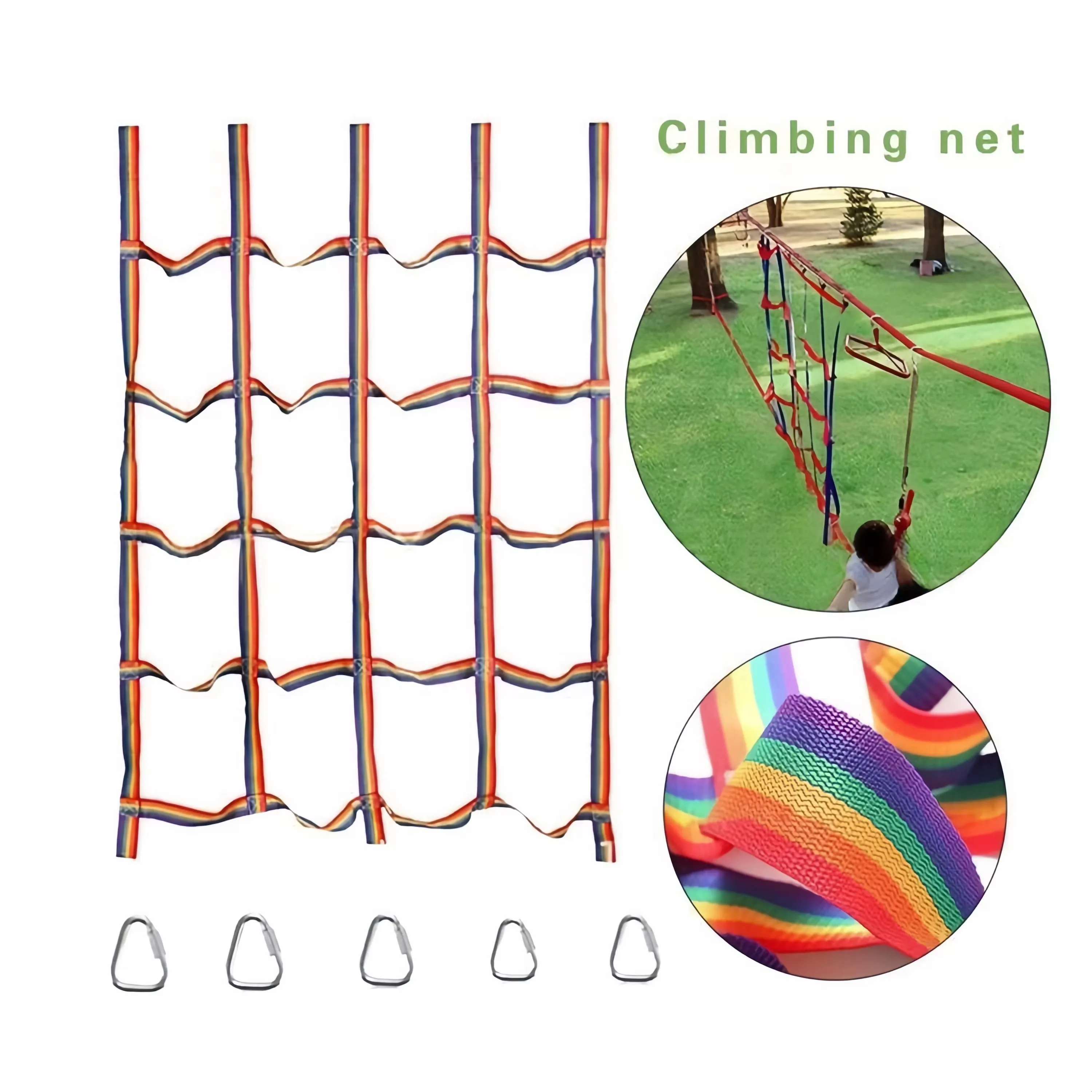 Outdoor Gekleurd Lint Klimnet Kinderen Indoor Avontuur Hangend Duurzaam 100KG Gewichtscapaciteit Driehoek Haak Speelschommel