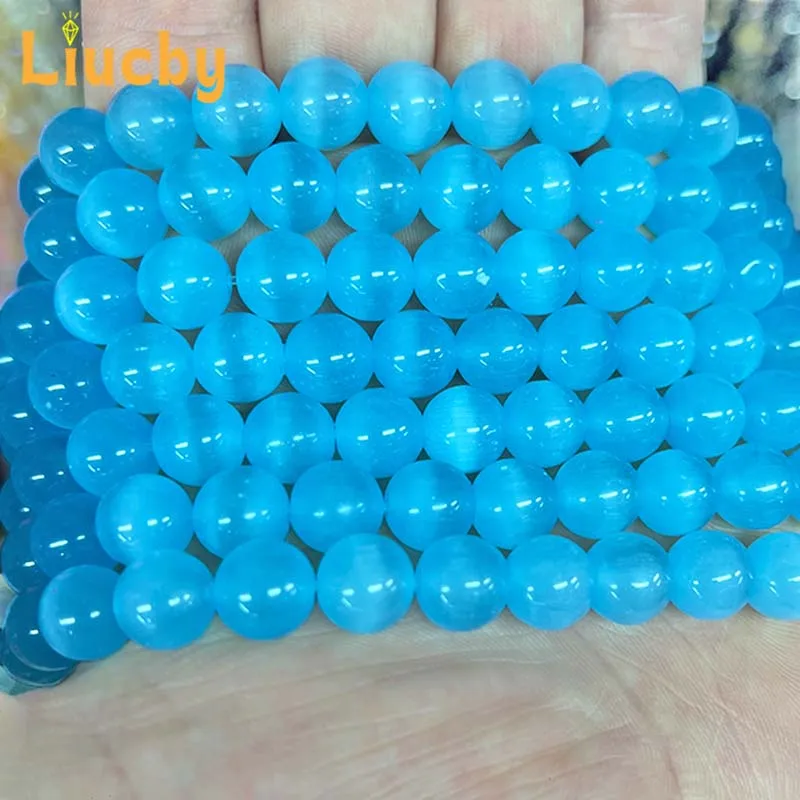 Hellblaue Katzenaugen-Rundperlen aus natürlichem Leuchtstein, DIY-Zubehör, Dekoration, Halskette für Schmuckherstellung, 15 Fuß Strang, 6/8/10 mm – Detail 6