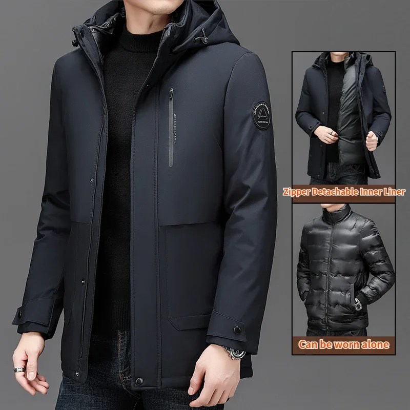 

Brand Men's Winter Jacket 2024 New Detachable Liner Down Cotton Warm Coat Business Commuting Thickened Cold-proof Hooded Parka