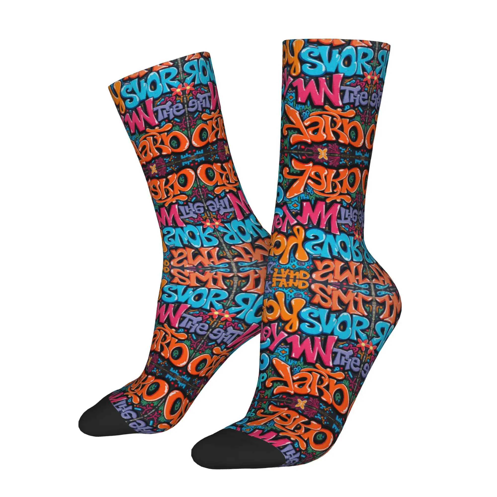 Hip Hop Retro Colorful Graffiti Letters With Decorative Elements Men's compression Socks Unisex Pattern Printed Sock tops fugees