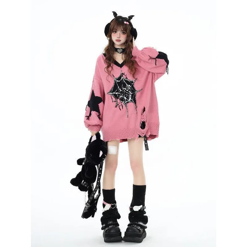 Y2k Gothic Sweater Star Spider Web Graphic Aesthetic  Knit V-neck Pullover Girl Winter Loose Fashion Grunge Tops Women Clothing