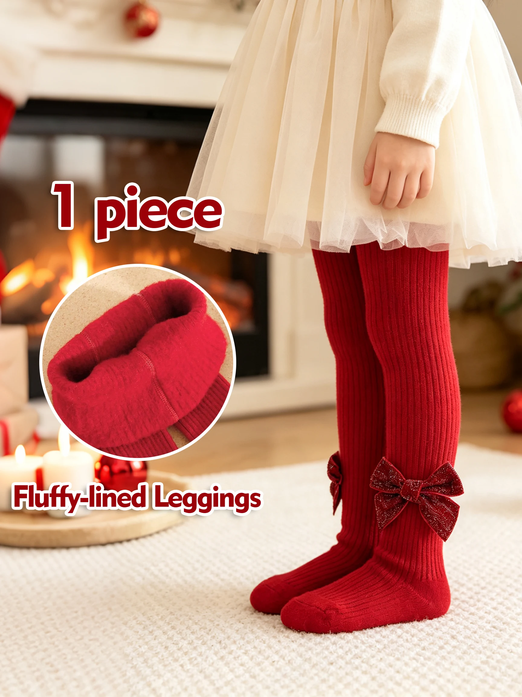 1 Stück Mädchen-Strumpfhose mit roter Schleifendekoration, mit Fleece gefüttert, dicke Strickstrumpfhose, Thermoleggings, Herbst, Winter, Weihnachtsfeier, Alltagsoutfit, 0-8 Jahre – Detail 1