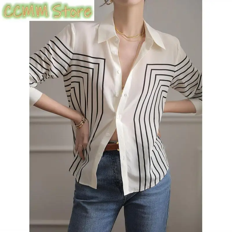 Fashion Printed Lapel Button Loose Striped Shirt Women's Clothing Autumn New Casual Tops All-match Office Lady Blouse