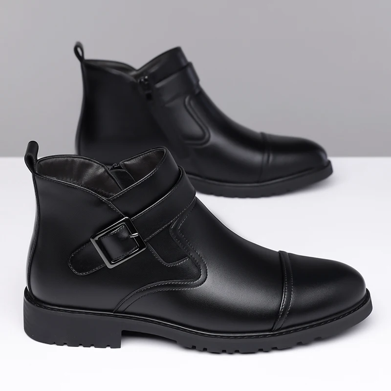 Winter New Mid Top Formal Business Shoes, Casual Leather Short Boots, Side Zipper Design, Waterproof and Windproof Riding Boots