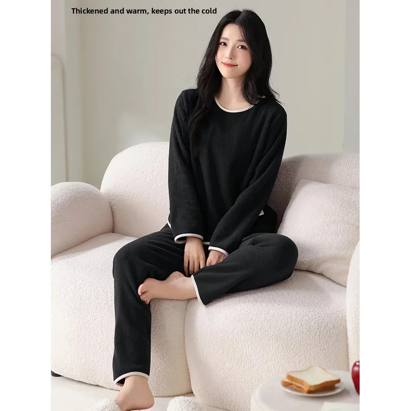 Ladies Warm Flannel Sleepwear Set Autumn Winter Loose Lazy Loungewear Ultra‑Soft Home Pajamas Suit Can Be Worn Outside