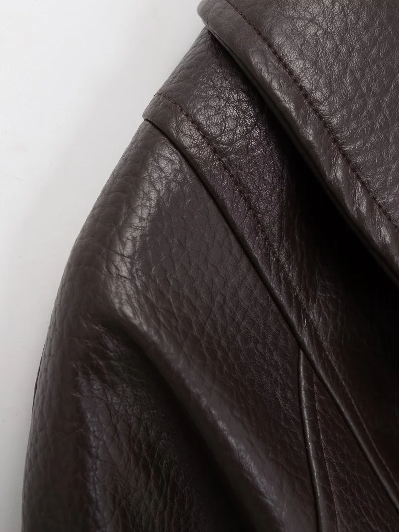 ETJ Damen PU-Leder Vintage Wickeljacke mit Gürtel, hochgeschlossener Kurzmantel, Frühjahr 2026, minimalistische Retro-Urban-Mode-Oberbekleidung – Detail 10