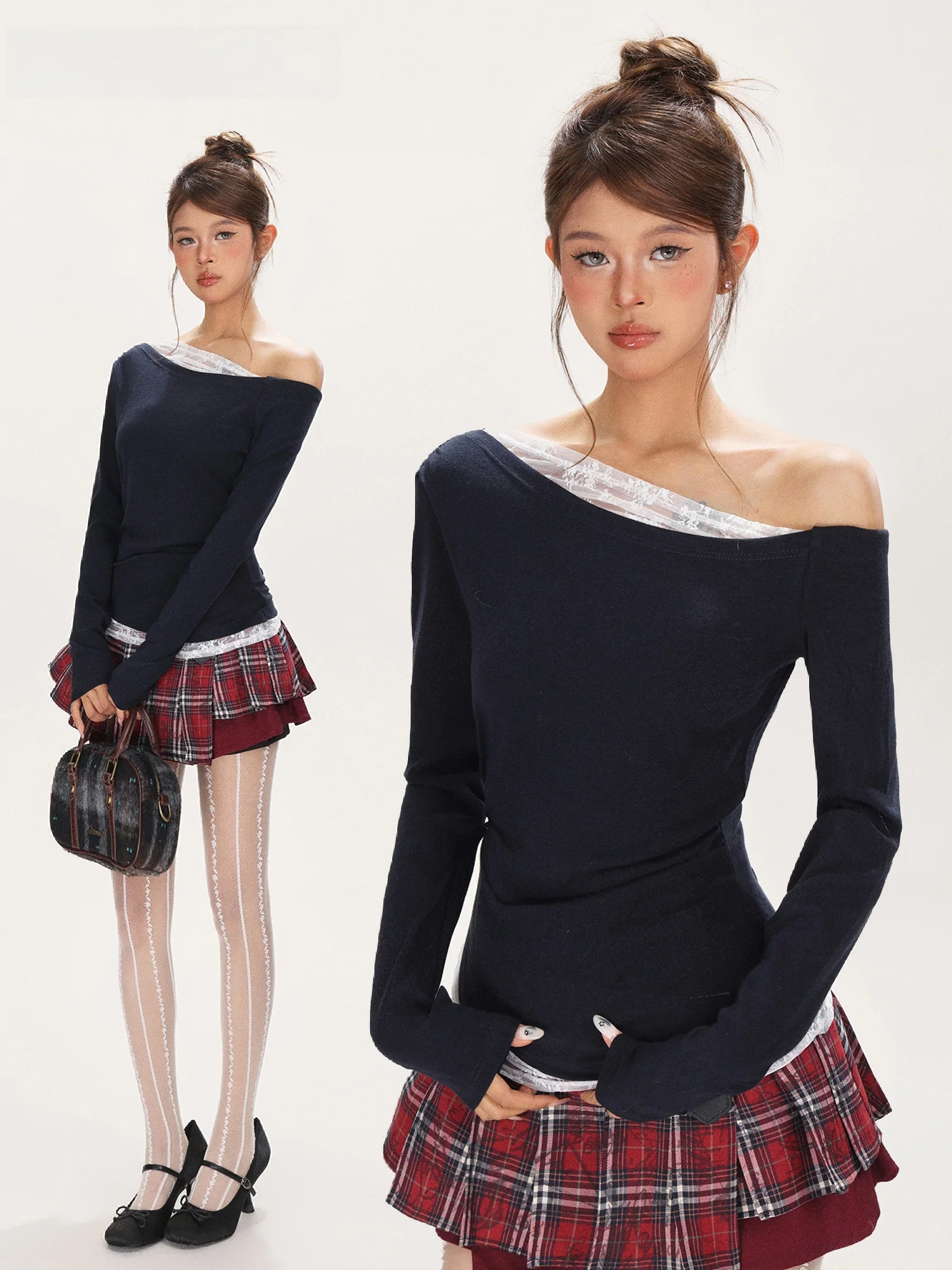 

iyue Lace under irt Women's Sle Casual Long Sve Slim Fit oulder Bared T-irt Autumn Design Sensation Casual Wear