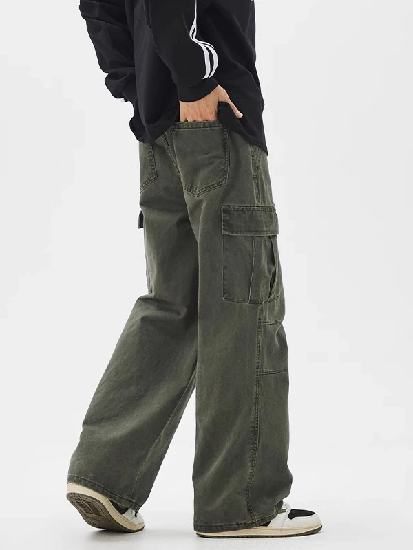 الرجعية الأمريكية ملابس العمل السراويل الرجال ربيع 2025 فضفاض واسعة الساق عادية الدينيم الجينز متعدد كيت الترفيه مستقيم قطع الجينز