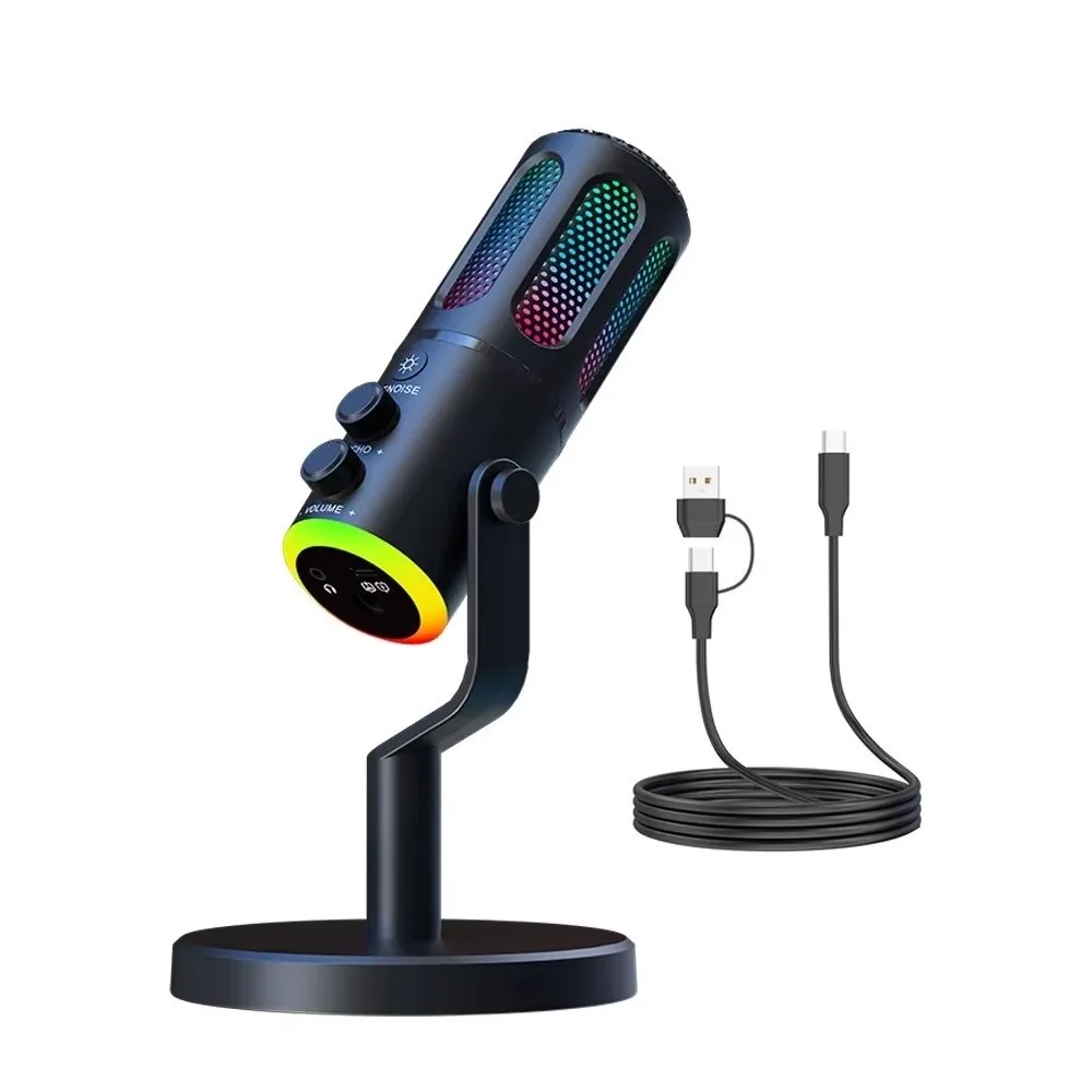 Micrófono portátil de condensador de luz RGB para videojuegos, sonido claro, sin ruido, USB, micrófono silencioso con un solo clic para grabación en Streaming