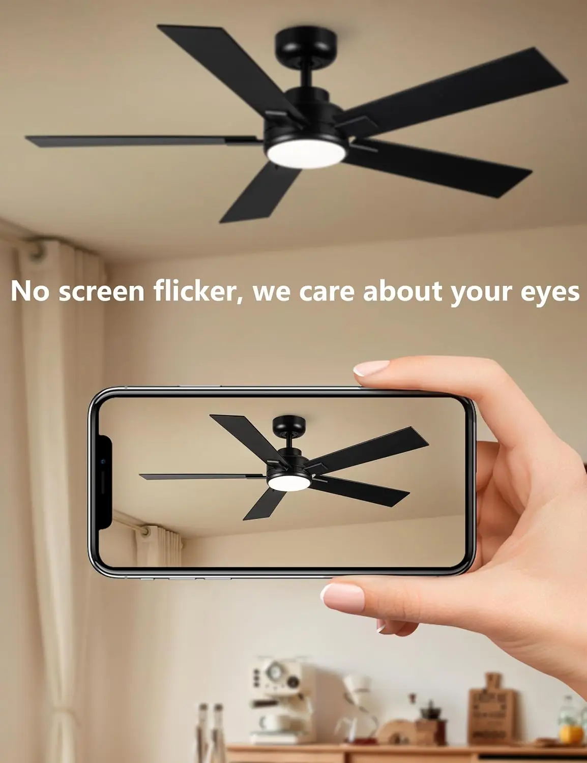 52" Black Ceiling Fan with Light & Remote, DC Motor, 6-Speed, 3CCT Dimmable, Quiet, Indoor/Outdoor, ETL Listed view 4