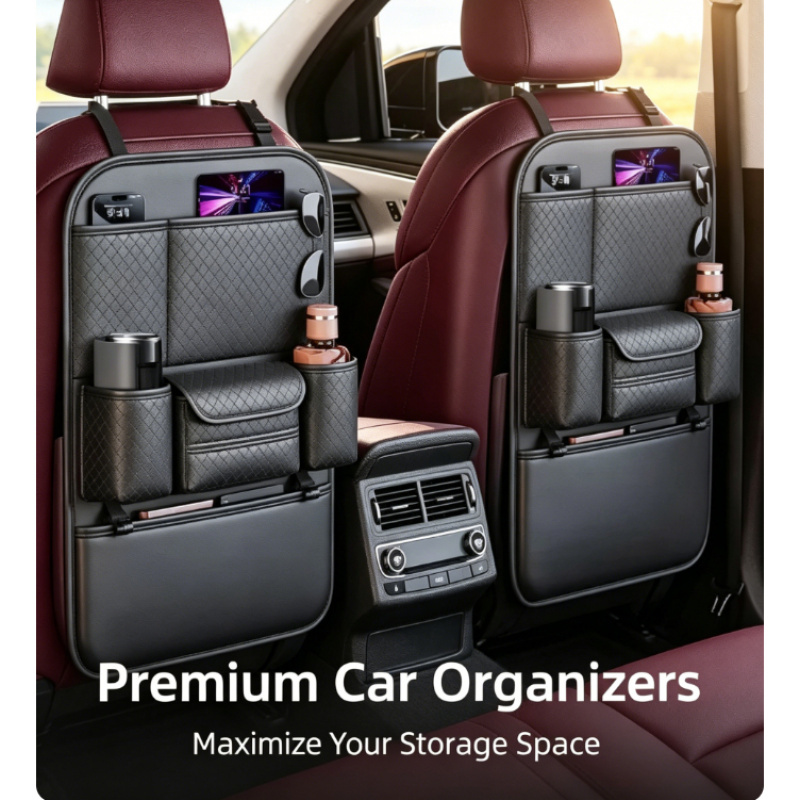  2PCS 6-Pocket Car Backseat Organizer Waterproof Wear-Resistant Seat Back Storage with Cup Tissue Holder Anti-Kick Pad 