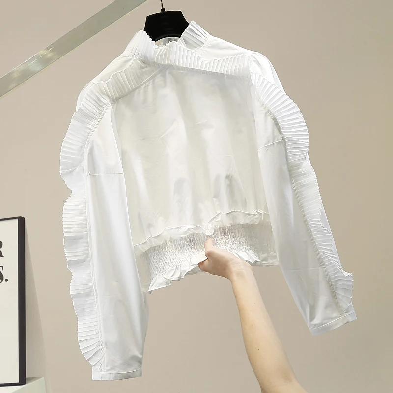 

Модная плиссированная рубашка с рюшами и воротником-стойкой, в клетку, с эластичной талией, в корейском стиле, однотонная, укороченная, для повседневной носки