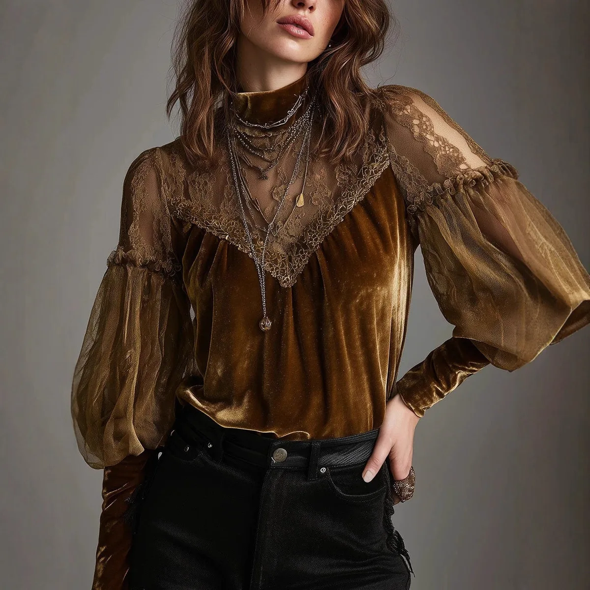 Jesienna aksamitna koszula damska, nowa modna bluzka z długim rękawem i półgolfem, seksowne bluzki damskie z siateczki.