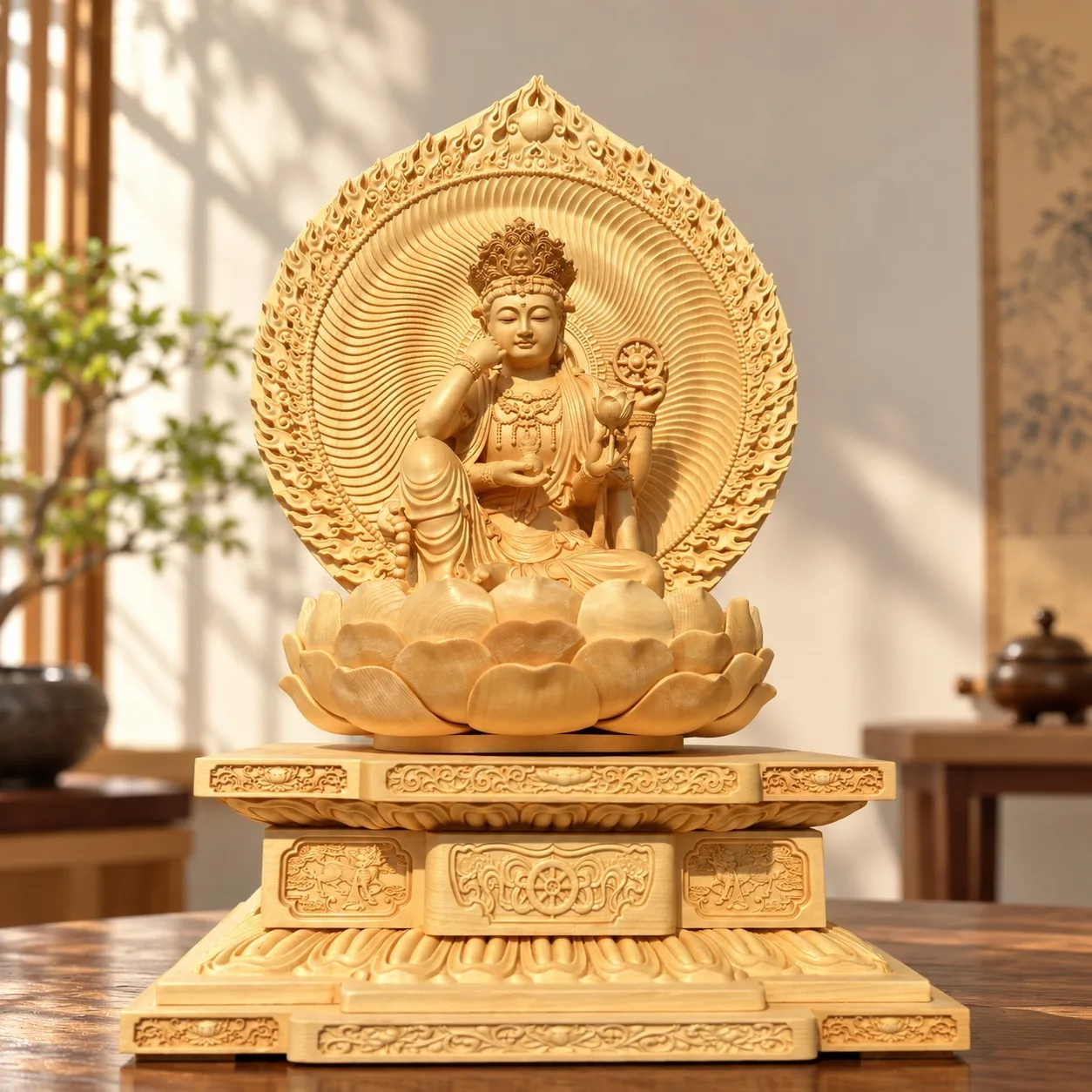 Hand-Carved Hinoki Wood Cintamanicakra Avalokitesvara Statue Six-Arm Bodhisattva Sculpture for Buddhist Home Altar Temple Decor