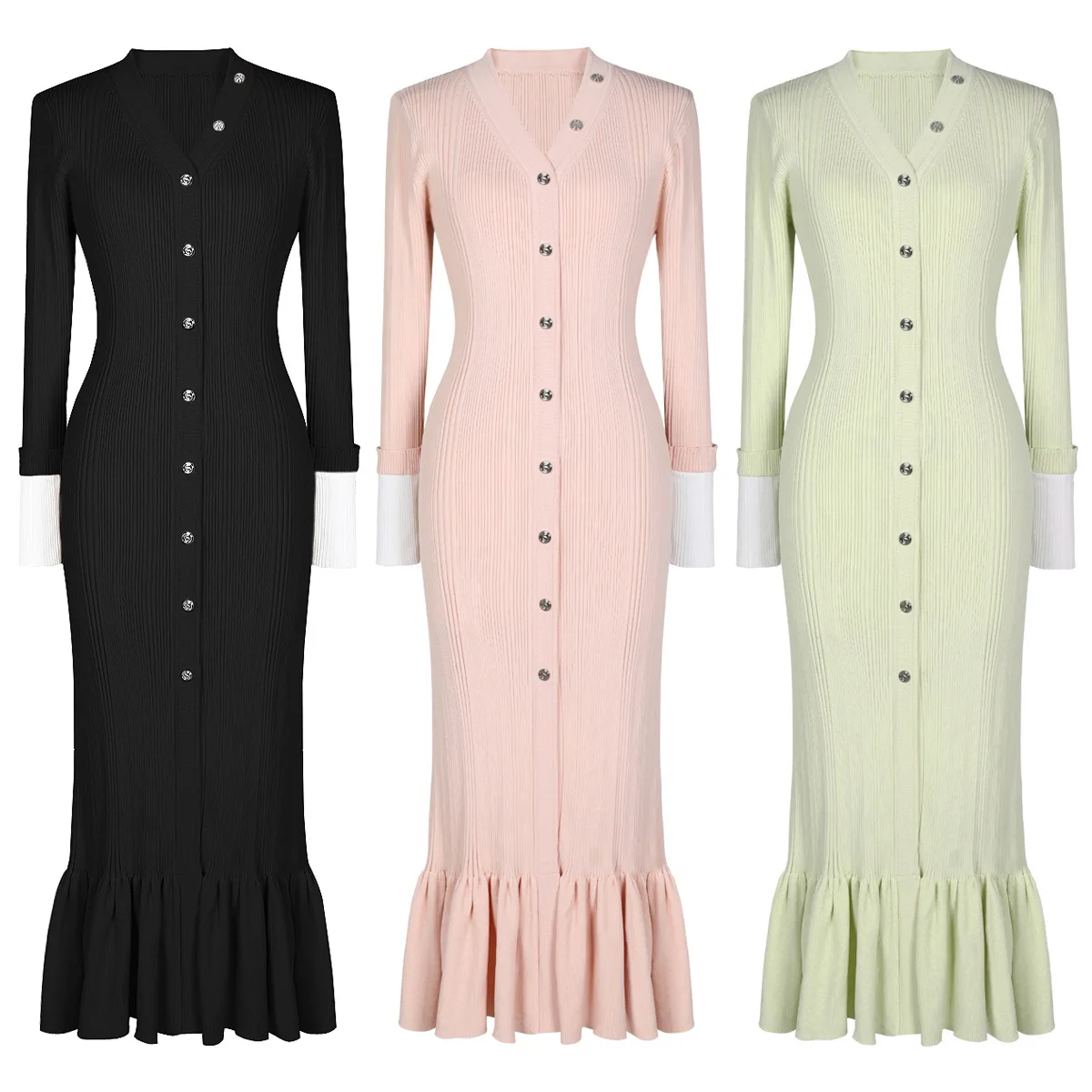 

Индивидуальное высококачественное модное трикотажное платье с v-образным вырезом и длинными рукавами для женщин по индивидуальному заказу