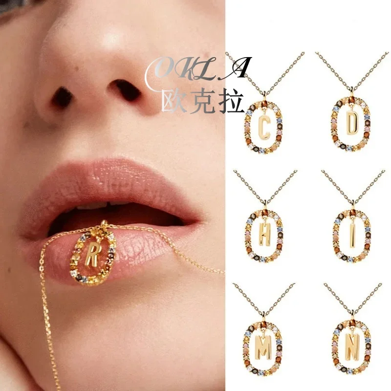 

2025 New 925 Sterling Silver Colorful Zircon Letters A - Z Initial M C K Alphabet Pendente Long Chain Necklace My Name Jewelry