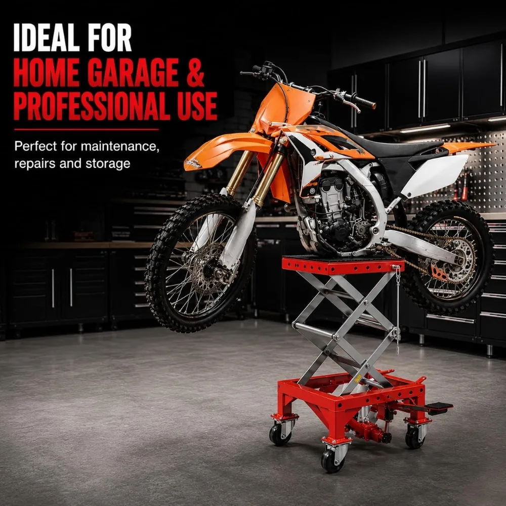 300 lb Hydraulic Motorcycle Scissor Lift Jack, Foot Operated Mini Lift Table with Hand Crank, Motorcycle Dirt Bike