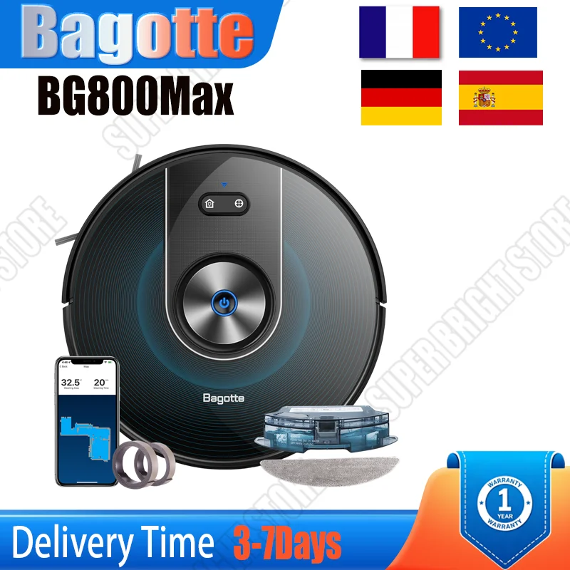 Bagotte BG800Max Roboter-Staubsauger und Wischmopp-Kombi, 3000Pa Starke Saugkraft, Navigation, 150 Minuten Laufzeit, Auto-Teppich-Boost, Schlankes 2,75-Zoll-Design, Kompatibel mit Alexa/Google