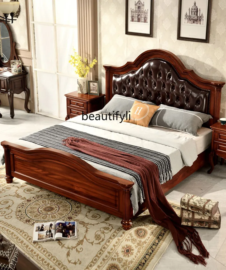

Simple American solid wood leather bed, bedroom high backrest soft bag double bed