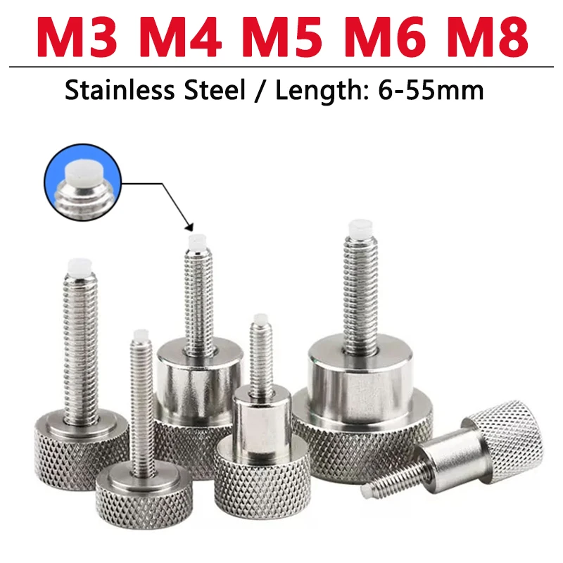 

1pc M3 M4 M5 M6 M8 Stainless Steel Thumb Screw Knurled Flat Head Hand Tighten Bolt with POM Buffer Glue Length 6-55mm