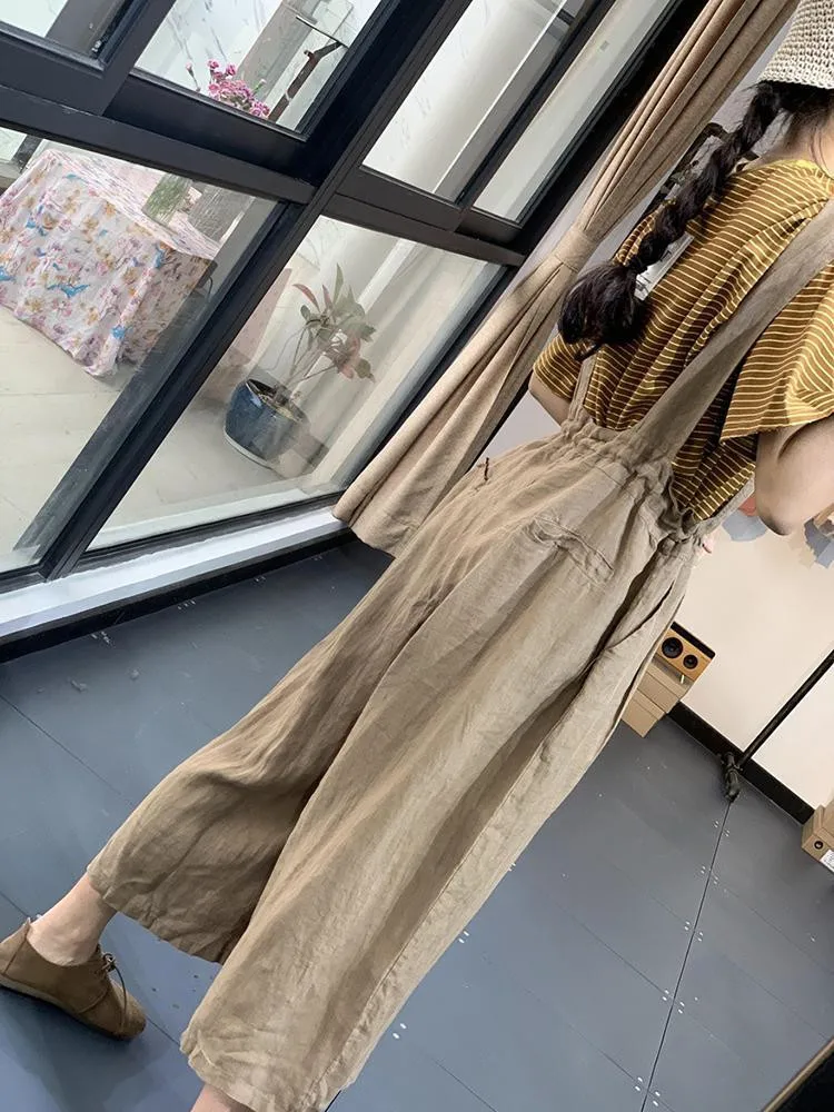 Linen Jumpsuits for Women Loose Waist Drawstring Playsuits Safari Style One Piece Outfit Women Casual Cropped Wide Leg Pants