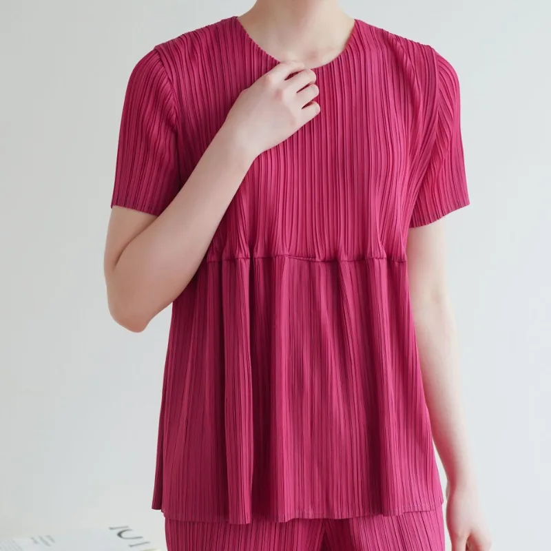 Miyake Sommer Plissee Frische Süße Casual Lose Spleißen Puppe Kleidung T-shirt Hemd Bequeme Casual Dünne Abschnitt Falten-Freies