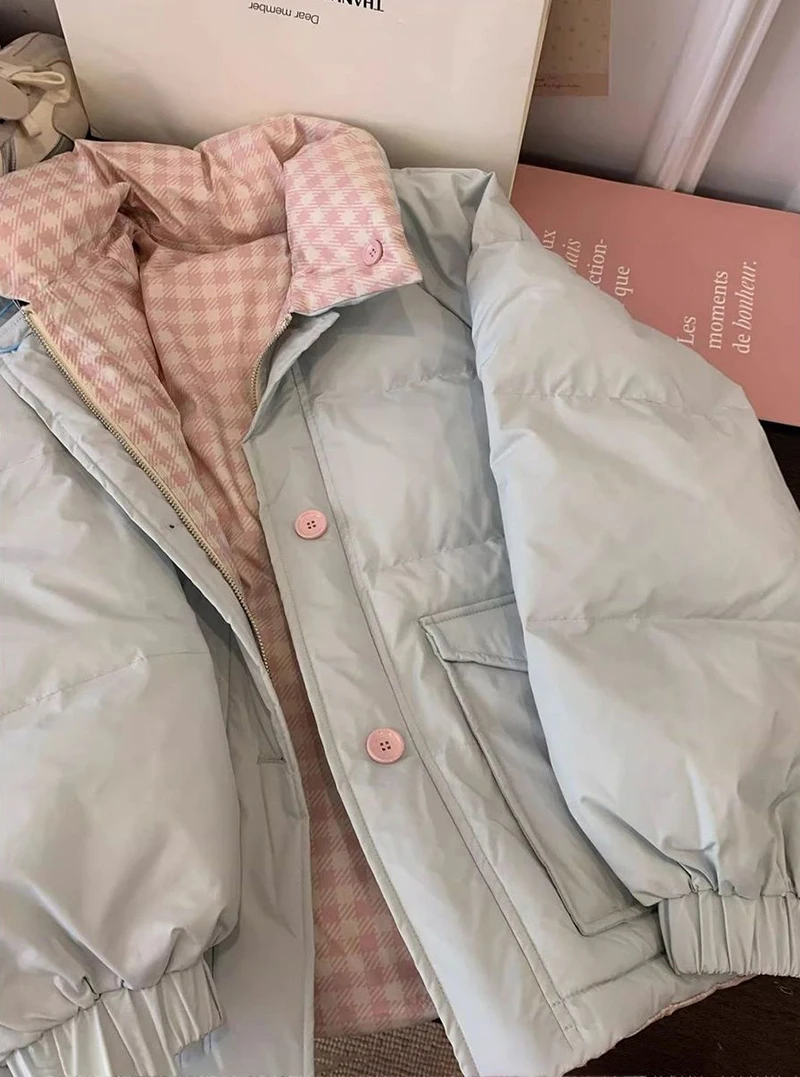 Chic Reversible Women Padded Jacket Contrast Plaid Coat Button Down Quilted Pink Buttons Winter Warm Preppy Retro Parkas