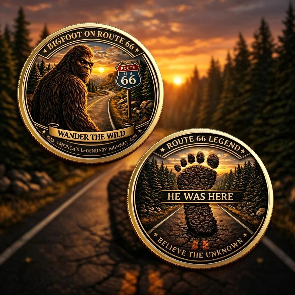 Bigfoot on Route 66 Challenge Coin Double-Sided Gold Plated Collection Coin Americana Road Trip Themed Coin Medal Souvenir Gift
