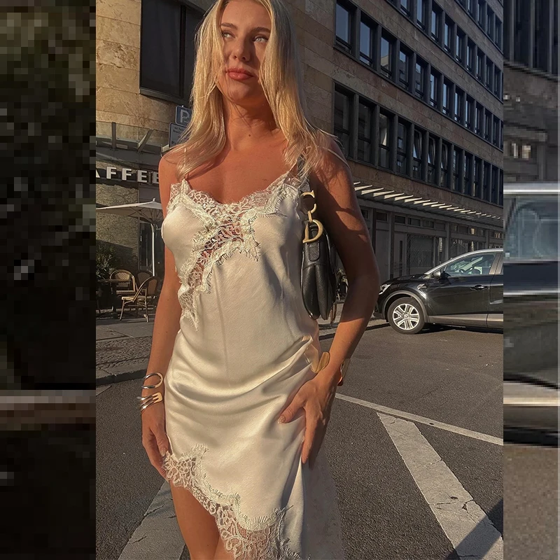 HXAO 슬립 여성 드레스 민소매 블랙 레이스 드레스 여성 비대칭 우아한 파티 드레스 섹시한 백리스 새틴 옐로우 드레스