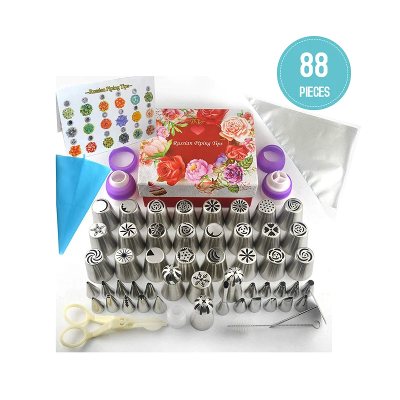 

88 Baking Supplies Set Icing Piping Tips Russian Ball Piping Tips, Bakes Flower Nozzles-Large Cupcake Decorating Kit