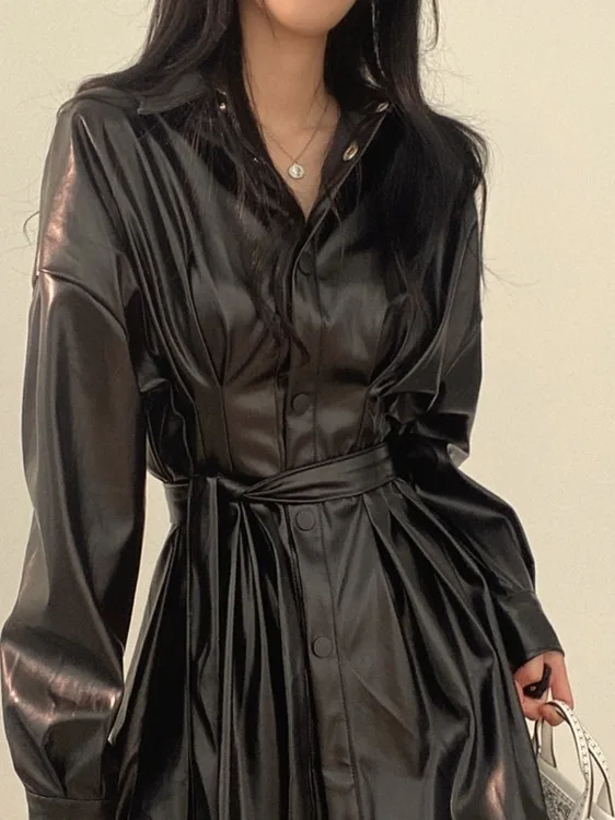 

Retro Sle Biker Leather irt Jaet Women's Korean Sle Waist-Cinching Design Trendy Long Sve Collar Outerwear