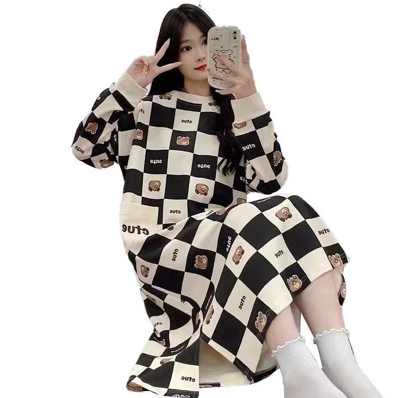 

Women's Loose Cotton Blend Pajama Dress, Long-Sleeve, Oversize, Add Large Size Dresses, Fat Female Clothes, Autumn, 150kg