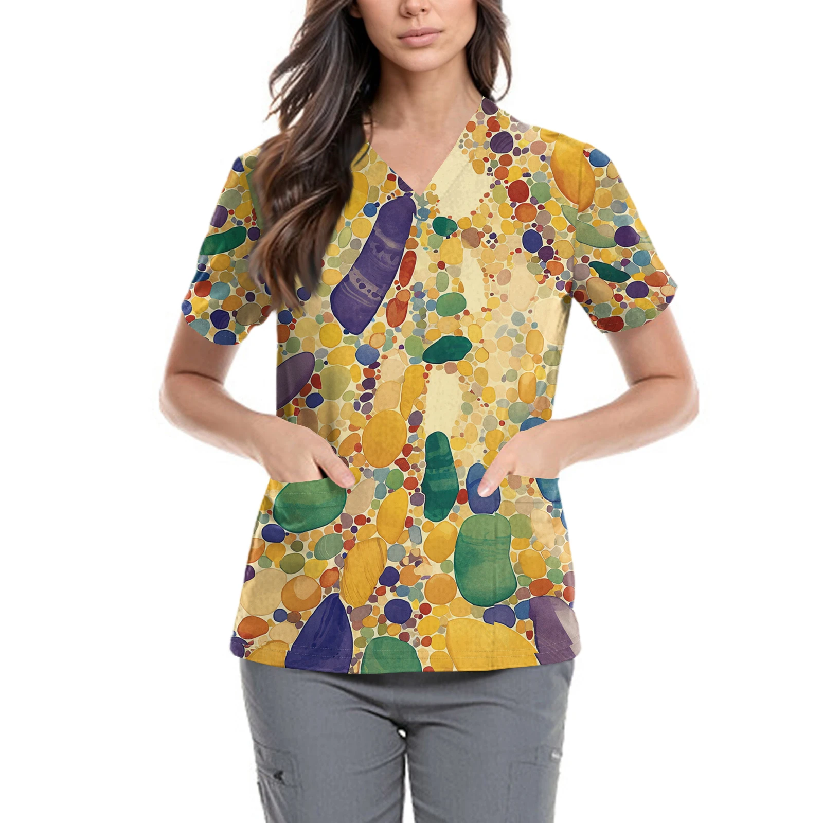 

Carnival T-Shirts Fashion V-Neck Women'S Printed Short-Sleeve Pocket Top Basic Pullover Sweater Side Slits Made Polyester Fiber