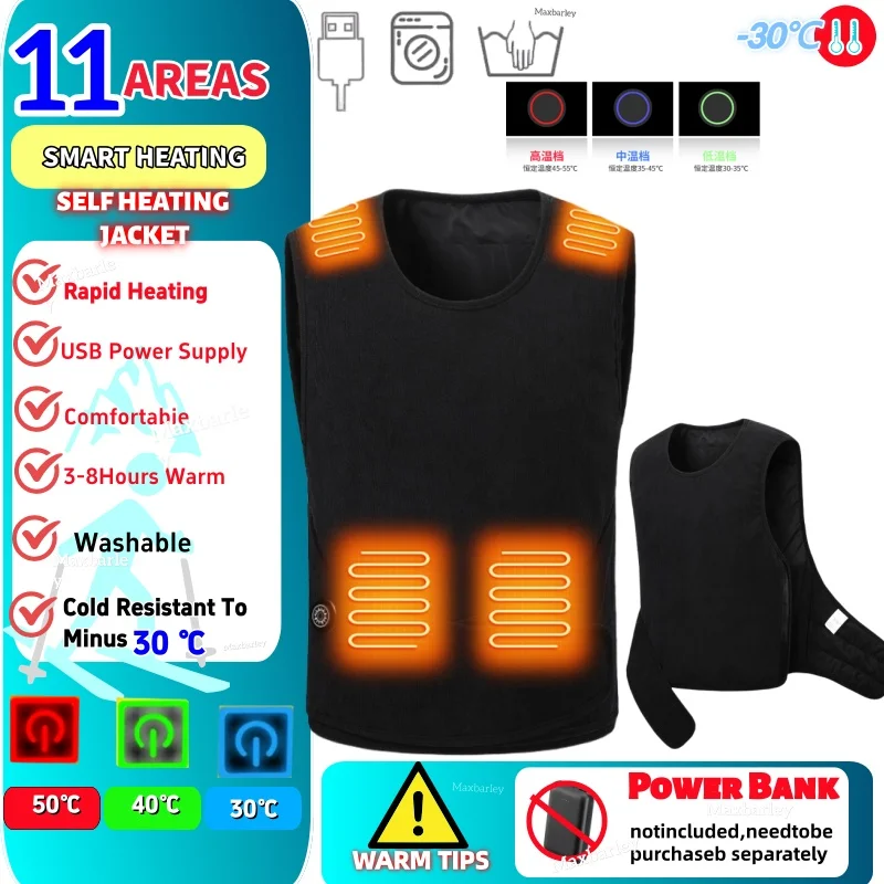 

11 Areas Heated Vest Men USB Warm Heating Underwear Winter Self Heating Jacket Snow Camping Sleeveless Functional Tops Waistcoat